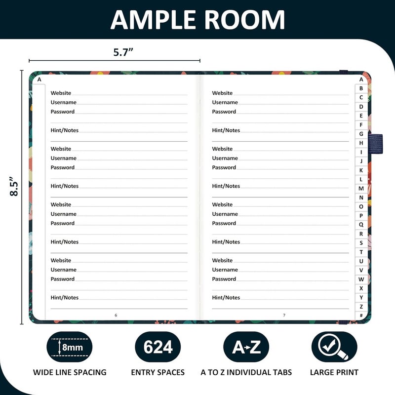 COMKISO Store Password Book with Individual Alphabetical Tabs Laminated, Large Print Password Keeper Book for Seniors, A5 Hardcover Internet Password Log Book to Record Website Login Details - Floral - Image 3